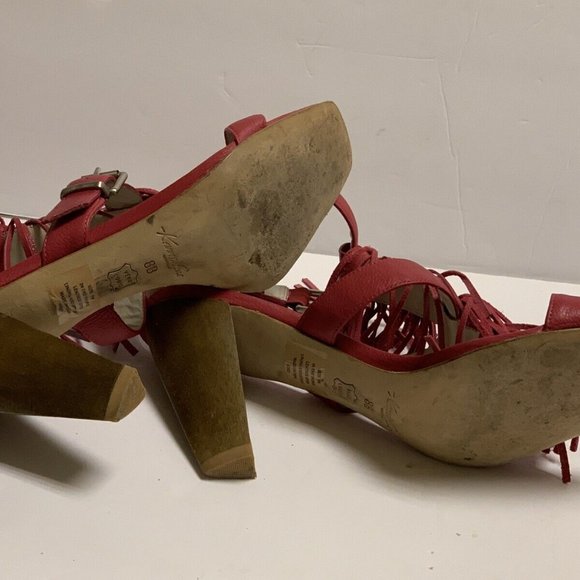 Kenneth Cole Pink Fuchsia Leather Fringe Wood Heels Sandals Sz 8M Ankle Straps - Picture 8 of 9